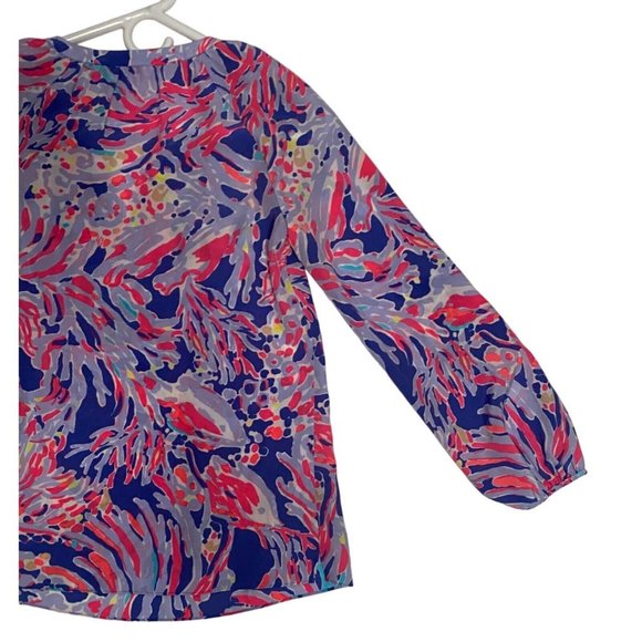 Lilly Pulitzer Women's XS Long Sleeve V-Neck Silk Elsa Top Pink Purple White - Picture 10 of 12